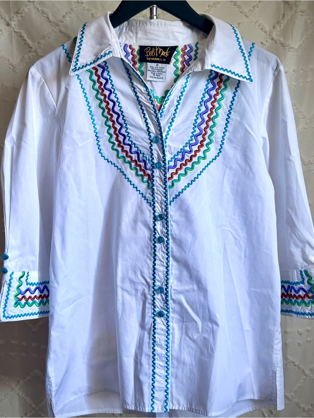 Bob Mackie White Button-Down Shirt with Multicolor Rickrack Trim